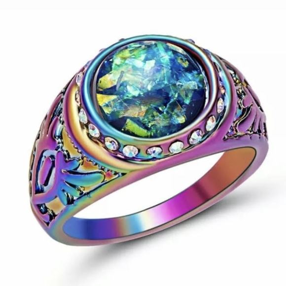 *Sale* New Blue Fire Opal Rainbow Hematite Ring. - Picture 1 of 2